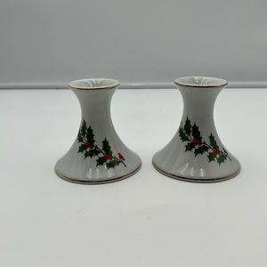 Vintage Beacon Hill Porcelain Holiday Holly Candlesticks- a Pair